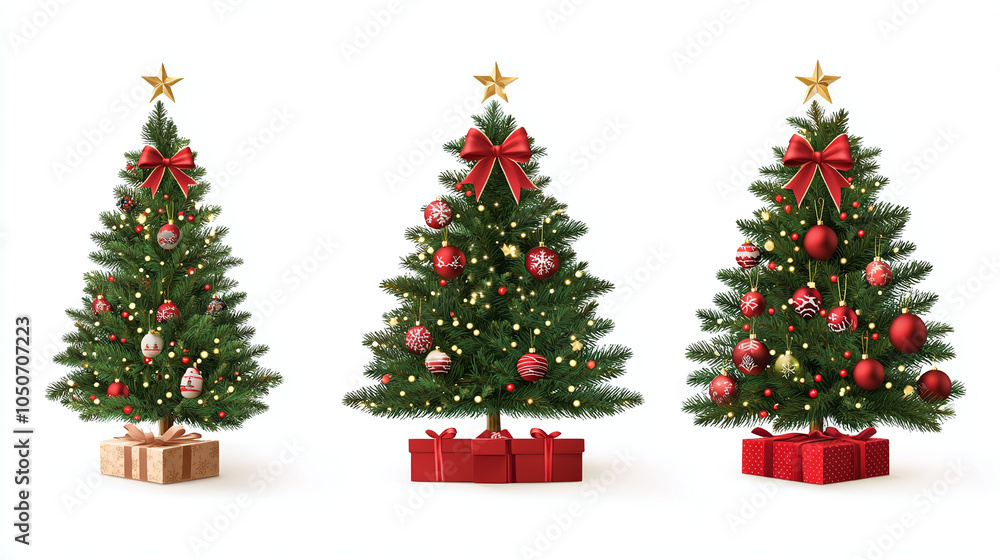 Set of different decorated Christmas trees with present boxes. Isolated on white background. Set of different decorated Christmas trees with present boxes. Isolated on white background.