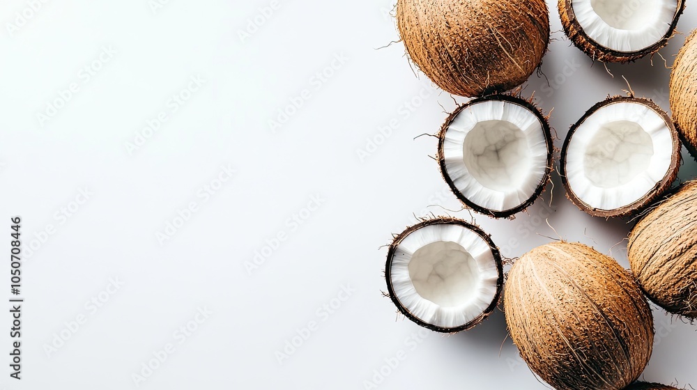 A group of coconuts, both whole and halved, placed on a clean white background, symbolizing tropical health and nourishment. A group of coconuts, both whole and halved, placed on a clean white background, symbolizing tropical health and nourishment.