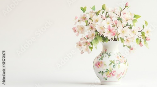 A hand-painted porcelain vase with a bouquet of spring blossoms, displayed on a white background, perfect for luxury home decor.