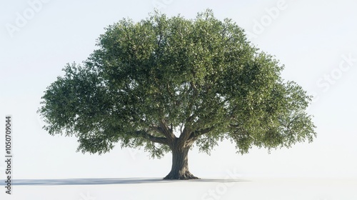 A large tree with a thick trunk and full foliage, standing tall against a white background, perfect for representing strength and growth. photo