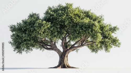 A large tree with a thick trunk and full foliage, standing tall against a white background, perfect for representing strength and growth. photo