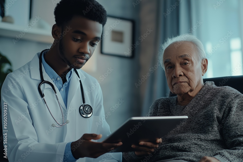 Young doctor explains health information to older patient using a digital tablet in a cozy medical office setting Young doctor explains health information to older patient using a digital tablet in a cozy medical office setting