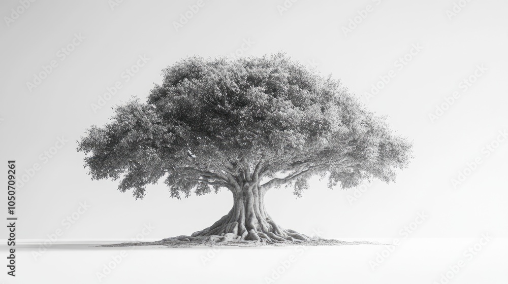 Fototapeta premium A large tree with deep roots and a dense, lush canopy, framed against a minimalist white background to focus on its grand stature.