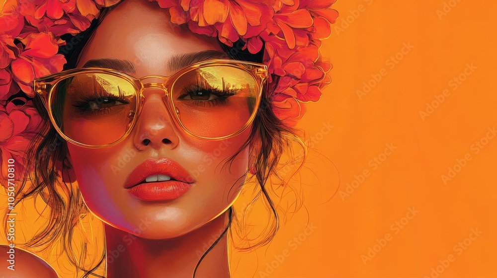 Fototapeta premium Striking Modern Pop Art Portrait of Stylish Woman in Golden Sunglasses with Floral Headpiece on Bright Orange Background, Generative AI