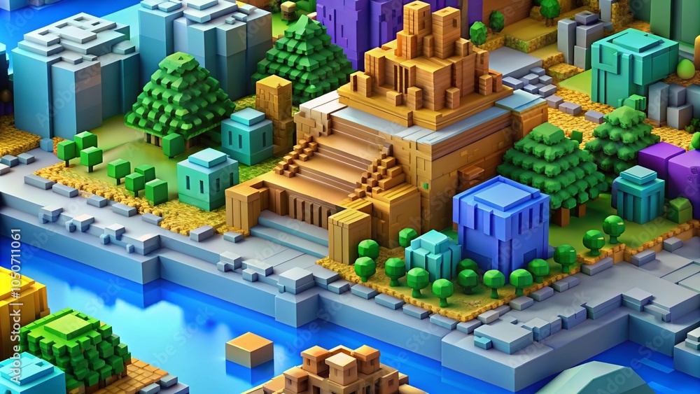 A 3D rendered image of a colorful cityscape, with a large building in the center. A 3D rendered image of a colorful cityscape, with a large building in the center.
