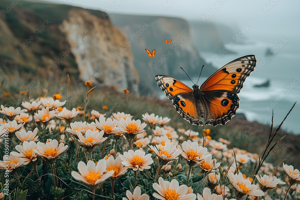 Obraz premium Butterfly on daisies: vibrant nature scene by the coastline