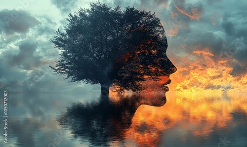 Silhouette of a Couple in Divorce Conflict with Dramatic Sunset and Tree Overlay, Reflecting Marriage Separation and Emotional Clash, Generative AI