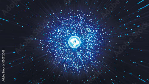 Abstract space background on a scientific astronomical theme. Dark background with stars and light in the middle. Sphere with of particles on a blue background. Dark background with sky and stars. Vec