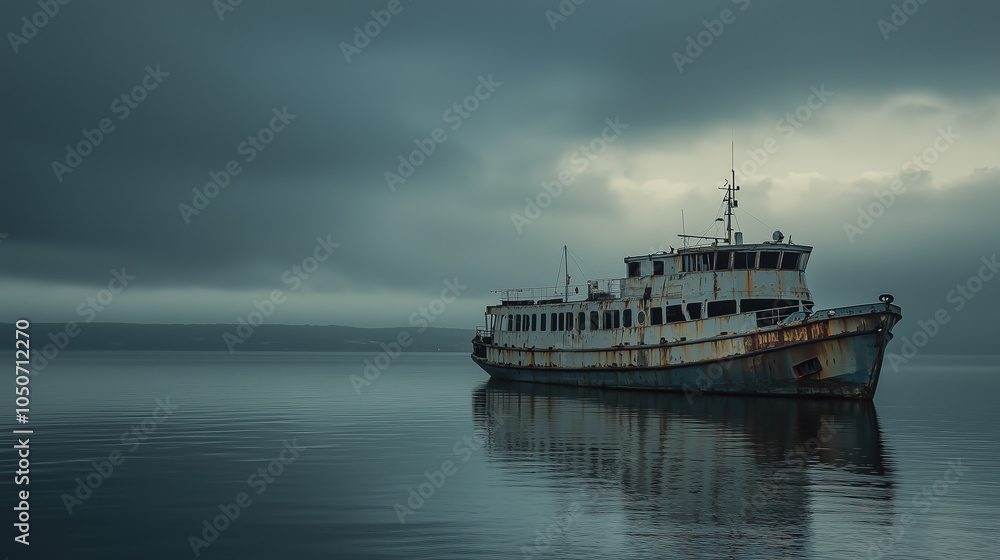 Obraz premium calm sea with a gloomy atmosphere, featuring a large abandoned tourist ship drifting on the water 