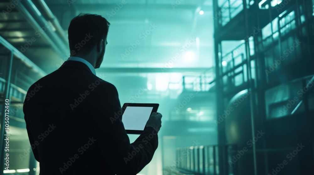 Fototapeta premium A man in a suit is holding a tablet in a dimly lit industrial setting