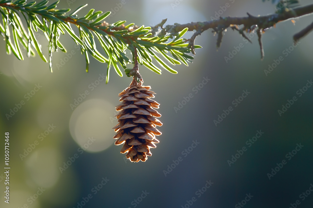 close-up of an evergreen pine cone hanging from a branch, with a blurred background close-up of an evergreen pine cone hanging from a branch, with a blurred background