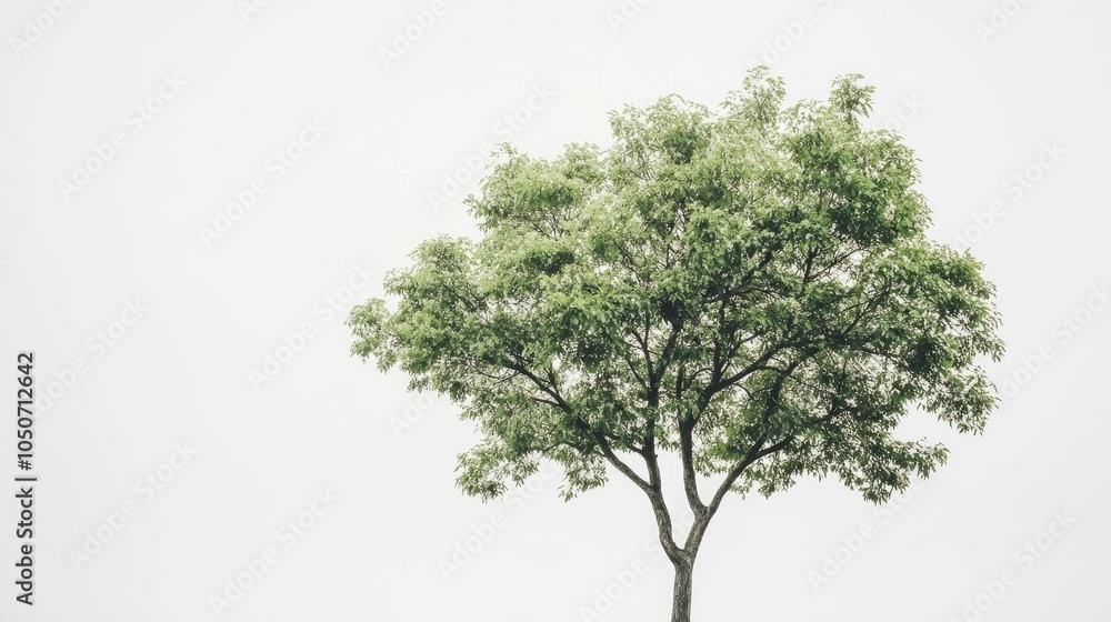 Obraz premium A solitary tree with a strong, sturdy trunk and vibrant green leaves, placed against a white background to emphasize its size and structure.