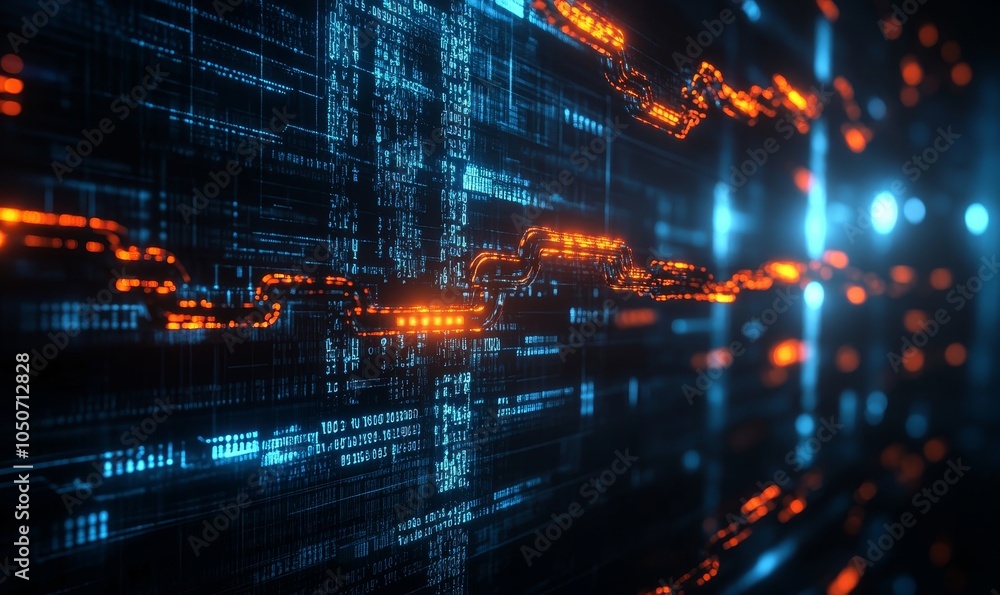 Obraz premium Futuristic Blockchain Concept Highlighting Document Integrity and Authenticity with AI, Illuminated Digital Chains in Abstract Cyber Background, Generative AI