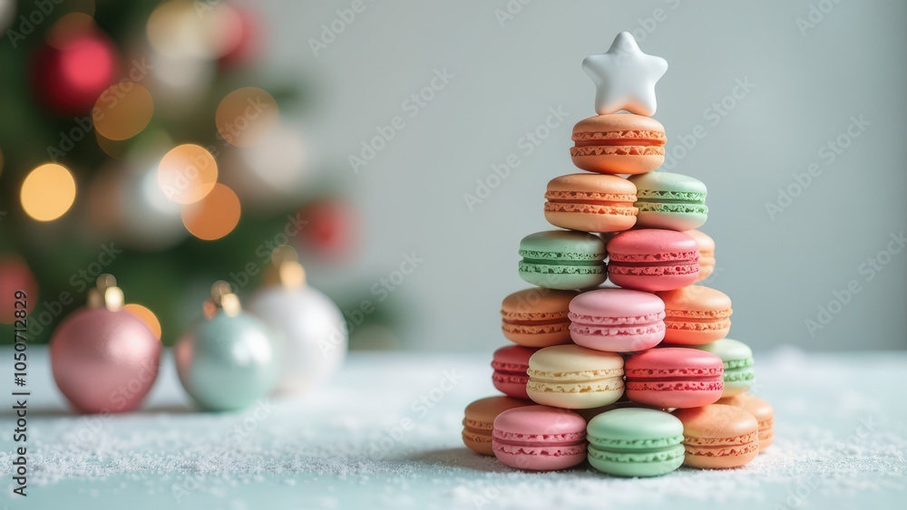 Festive French macaron Christmas tree with holiday decorations and snow Festive French macaron Christmas tree with holiday decorations and snow