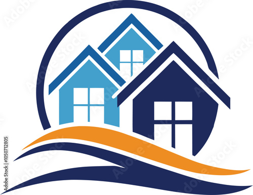 Coastal Home Dreams: Three houses nestled together, symbolizing community and coastal living, set against a stylized wave graphic. Perfect for real estate, homeownership, or community development. 