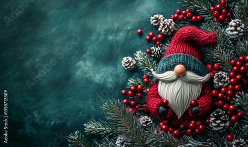 Scandinavian Christmas gnome with winter berry and pine on dark green background, holiday greeting card design, festive decoration, cozy Nordic theme, Generative AI