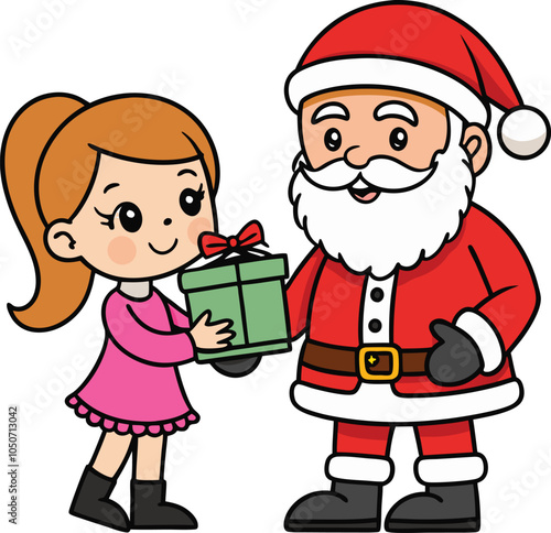 Santa Claus gives a Christmas Gift to a Little Girl  