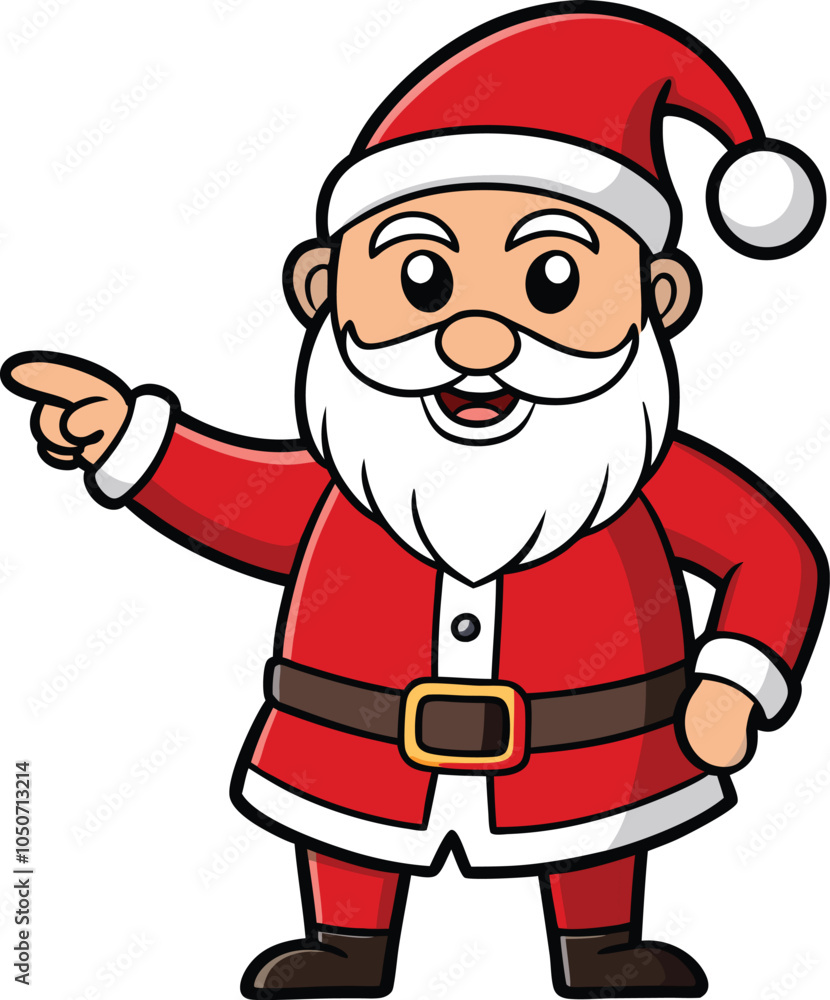 Santa Claus Pointing: A cheerful cartoon Santa Claus points his finger to the right with a warm, inviting smile. Perfect for Christmas greetings, holiday promotions, and festive designs.  
