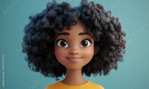 Happy Smiling African American Cartoon Character Girl with Curly Hair, Cheerful Young Woman in 3D Style, Fun, and Cute Teenager Concept on Light, Generative AI