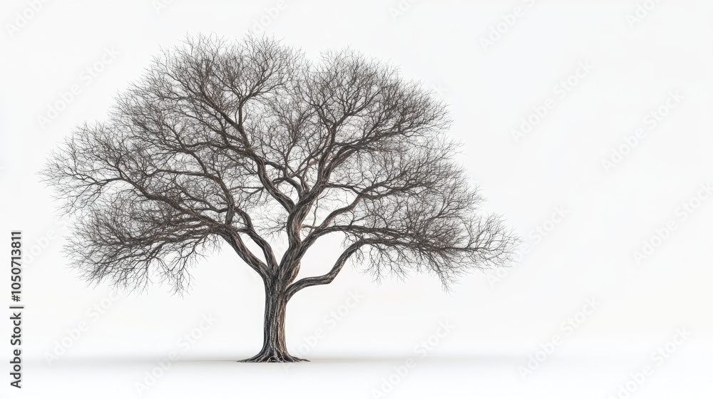 A towering, leafless tree stands alone against a pristine white background, showcasing its intricate branches and massive trunk. Perfect for nature-related designs. A towering, leafless tree stands alone against a pristine white background, showcasing its intricate branches and massive trunk. Perfect for nature-related designs.