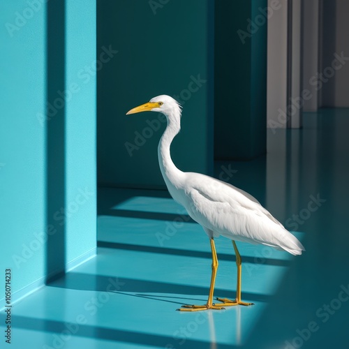 a white bird stands in front of a blue wall photo