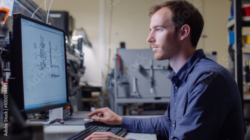Focused engineer analyzing technical schematics on computer in industrial environment photo