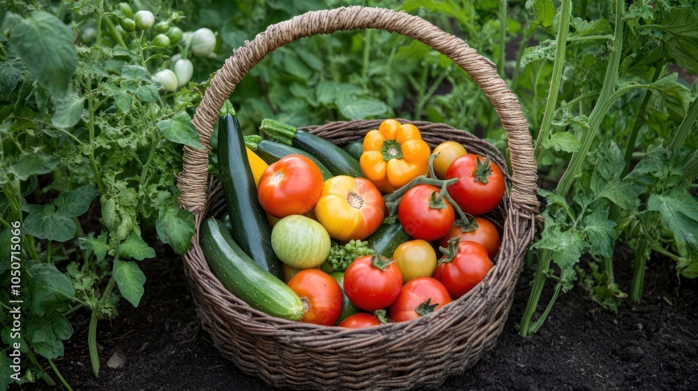 Colorful Basket of Fresh Vegetables with Garden Background Colorful Basket of Fresh Vegetables with Garden Background