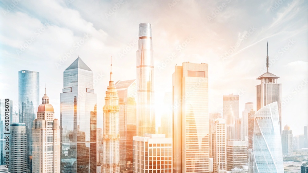 Fototapeta premium Modern cityscape skyline with skyscrapers and sun flare.