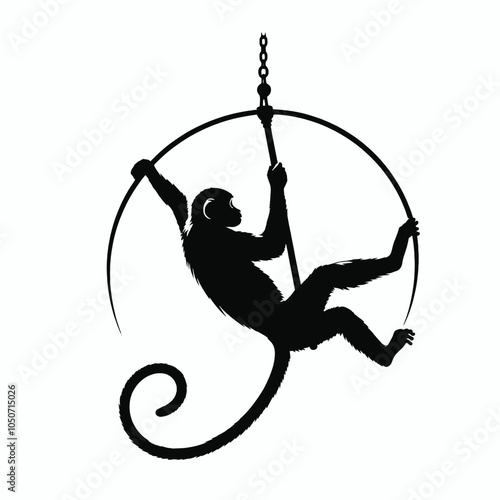 monkey swinging on a trapeze silhouette, isolated white background