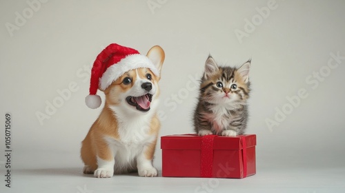 Festive Corgi and Kitten with Santa Hats