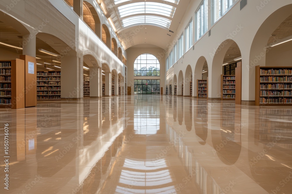 a long hallway with bookshelves and a skylight a long hallway with bookshelves and a skylight