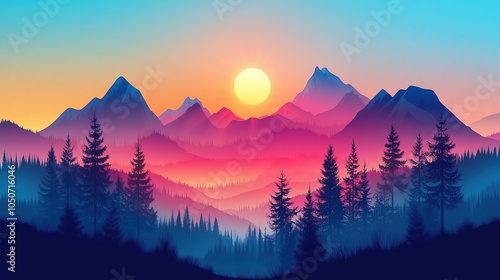Sunset mountains landscape, illustration 