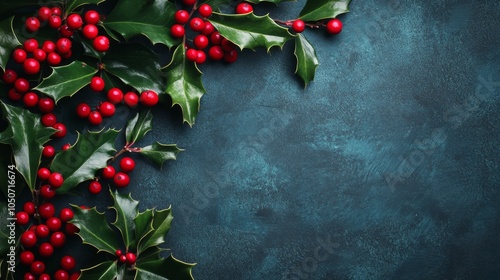 Festive holly berries and green leaves on a rich textured background for holiday decor inspiration photo