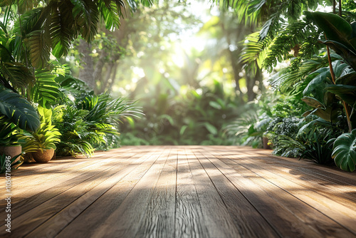 Fototapeta Naklejka Na Ścianę i Meble -  Empty wooden terrace with green wall 3d render,There are wood plank floor with tropical style tree garden background sunlight shine on the tree