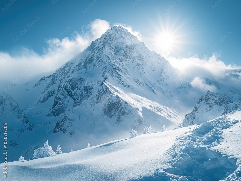 Obraz premium Sunlit Mountain Peak with Snow-Covered Ridges Under Clear Sky, Majestic Natural Beauty, Inviting Serenity and Tranquility