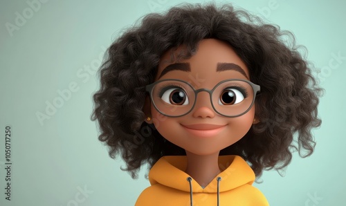 Wallpaper Mural Smiling African Cartoon Teen Girl with Curly Hair and Glasses in 3D Style, Happy and Cute Character in Light Background, Generative AI Torontodigital.ca