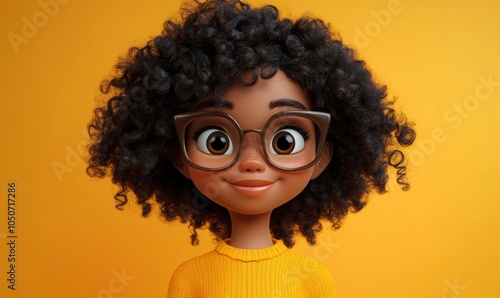 Smiling African Cartoon Teen Girl with Curly Hair and Glasses in 3D Style, Happy and Cute Character in Light Background, Generative AI