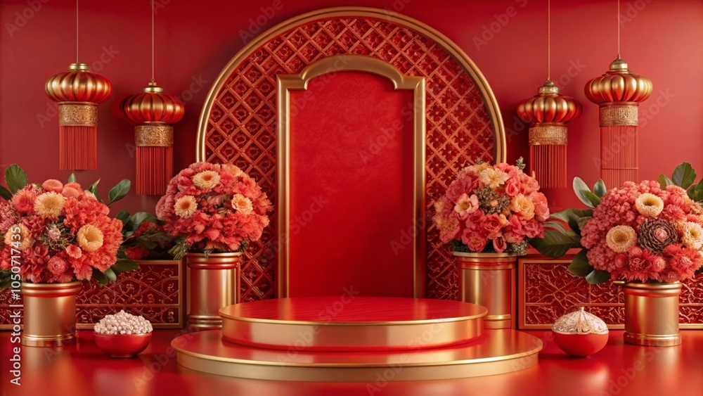 Red and gold Chinese New Year podium with lanterns and flowers. Red and gold Chinese New Year podium with lanterns and flowers.