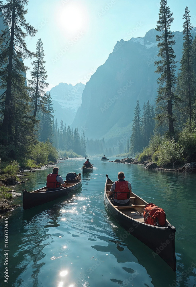 Fototapeta premium Adventurers canoe on a tranquil lake, surrounded by nature's beauty.