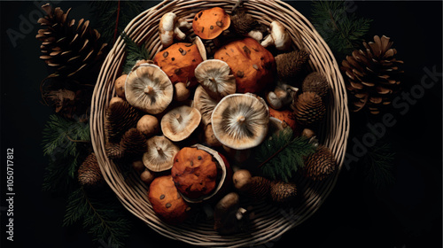 Mushrooms in a wicker basket close-up. Mushroom harvest in autumn. Collect mushrooms. Forest mushroom, champignon, porcini mushroom. Forest mushrooms in a basket.