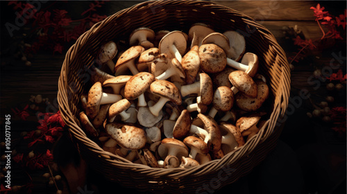 Mushrooms in a wicker basket close-up. Mushroom harvest in autumn. Collect mushrooms. Forest mushroom, champignon, porcini mushroom. Forest mushrooms in a basket.