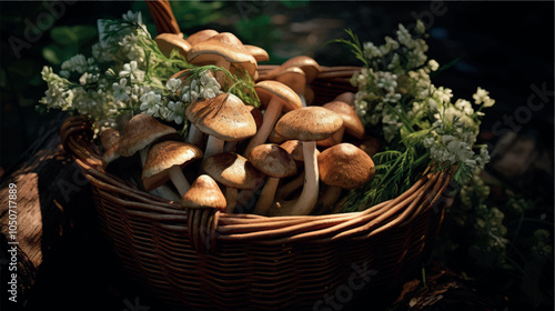 Mushrooms in a wicker basket close-up. Mushroom harvest in autumn. Collect mushrooms. Forest mushroom, champignon, porcini mushroom. Forest mushrooms in a basket.