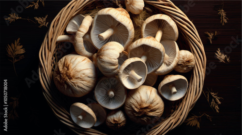 Mushrooms in a wicker basket close-up. Mushroom harvest in autumn. Collect mushrooms. Forest mushroom, champignon, porcini mushroom. Forest mushrooms in a basket.