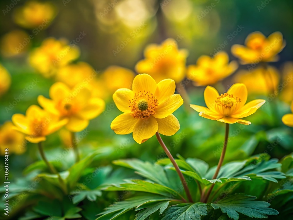 Tilt-Shift Photography of Bright Yellow Anemone Flowers in a Lush Garden Setting for Nature Enthusiasts Tilt-Shift Photography of Bright Yellow Anemone Flowers in a Lush Garden Setting for Nature Enthusiasts