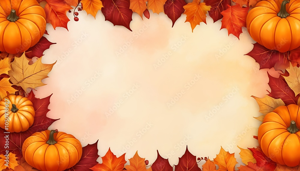 Fototapeta premium Background design framed with warm autumn leaves in shades of red, orange, and yellow, adorned with orange pumpkins at the bottom right and left corners. There’s a transparent area in the center, read