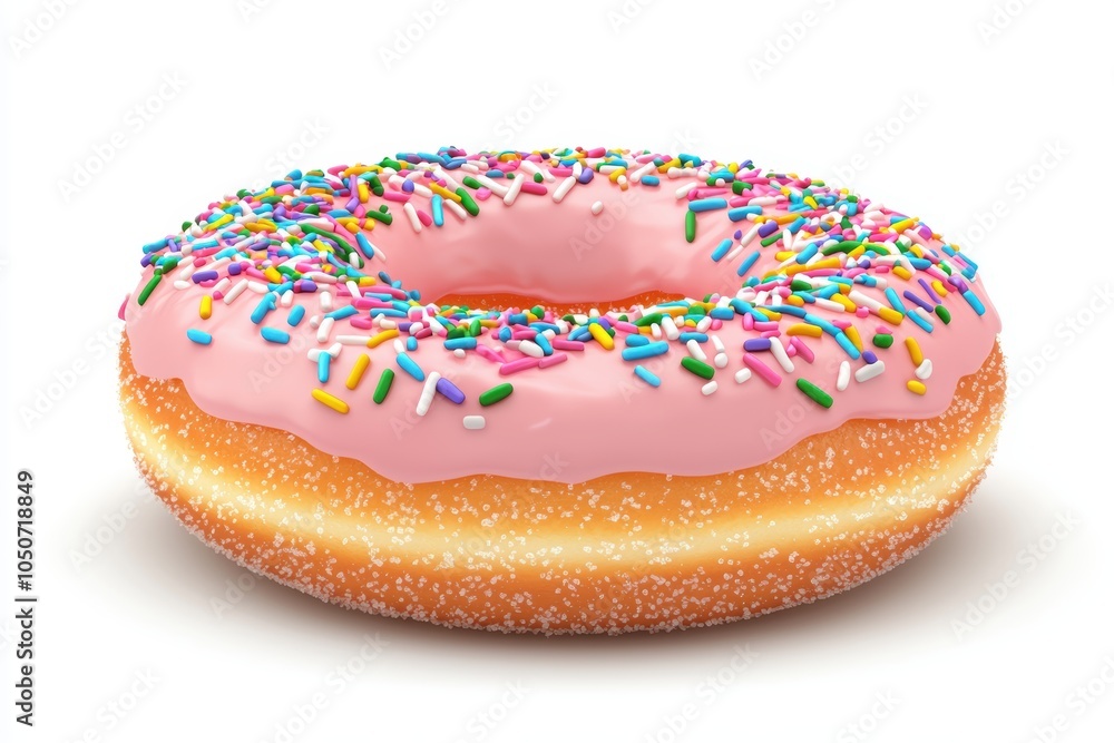 A doughnut with a pink glaze and rainbow sprinkles, showing its soft, round shape and shiny, sugary coating 3D illustration A doughnut with a pink glaze and rainbow sprinkles, showing its soft, round shape and shiny, sugary coating 3D illustration