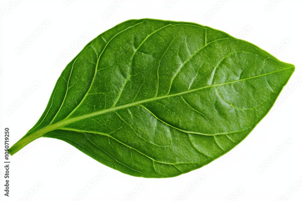A fresh green basil leaf, with intricate veins and smooth surface, isolated to emphasize its herbal quality A fresh green basil leaf, with intricate veins and smooth surface, isolated to emphasize its herbal quality