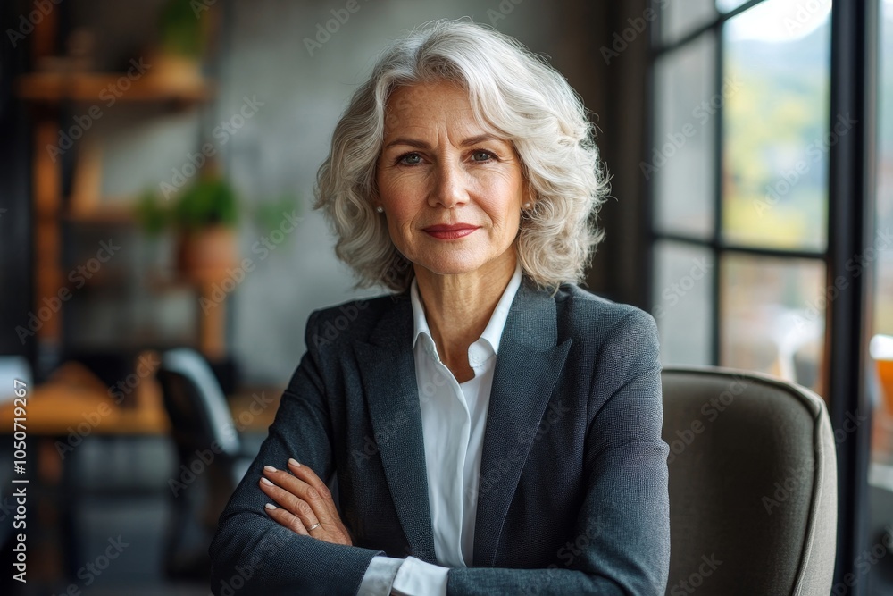 Senior business woman sitting on a chair in her office, dressed in a suit, Generative AI Senior business woman sitting on a chair in her office, dressed in a suit, Generative AI