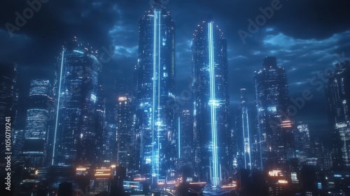 Wallpaper Mural A glowing 5G network tower emitting neon signals, with bright data waves radiating through a futuristic cityscape, symbolizing fast connectivity. Torontodigital.ca