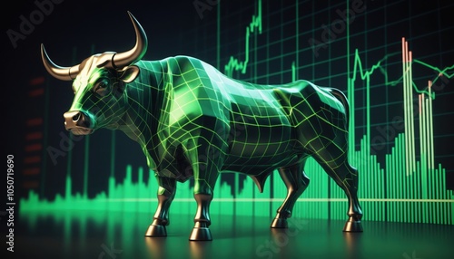 Futuristic Green Bull Symbolizing Market Growth on Trading Floor with Upward Stock Chart. Modern Trading Floor with Metallic Bull, Stock Chart Growth.